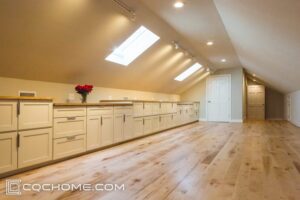 Natural light from windows in a converted attic.