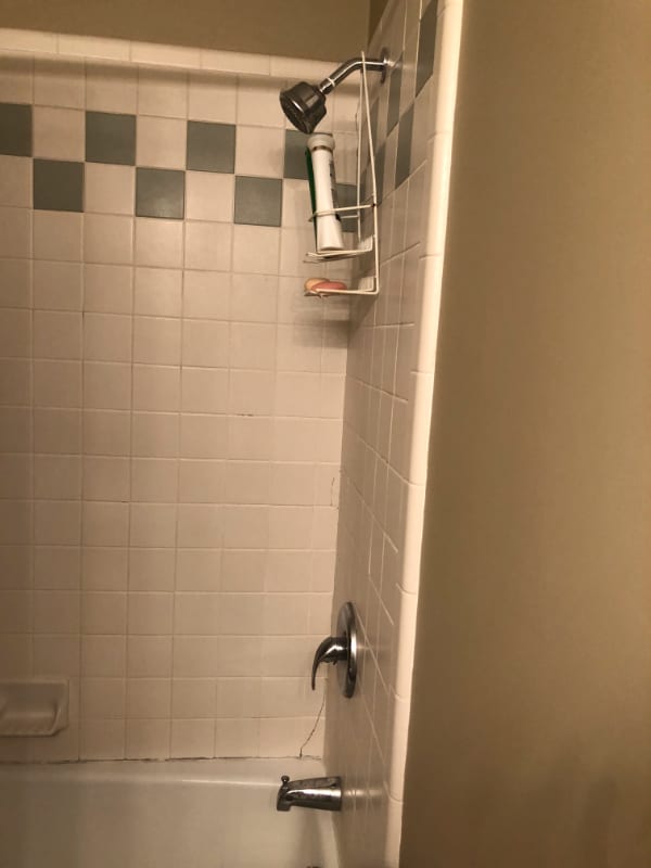 before photo of small outdated shower